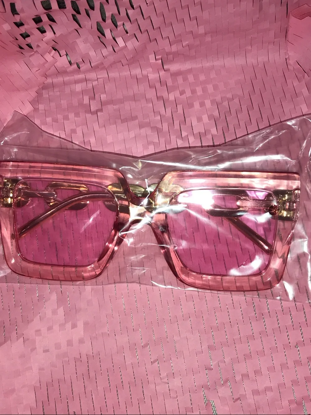 Pink Square Frame Sunglasses w/ gold chain detail - Fashion Women's Accessories